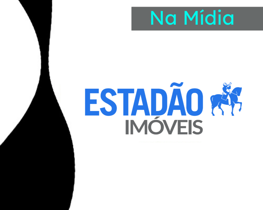 Imagem em tons de branco e preto com o logo do Estadão Imóveis. No canto superior diereito há indicação da editoria "Na Mídia". A matéria trata sobre a Reforma Tributária no setor imobiliário.